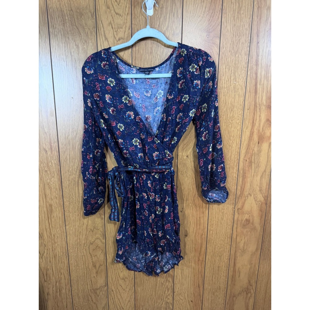 American Eagle Floral Long Sleeve Wrap Romper Navy Blue XS